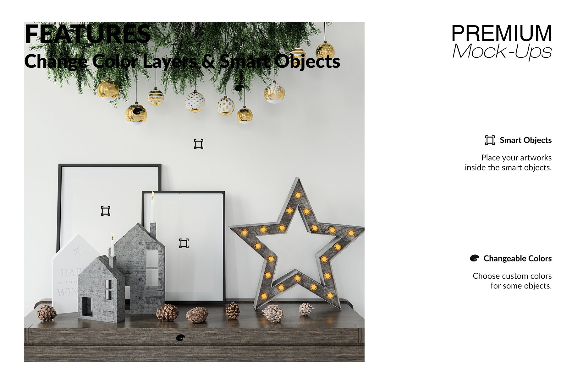 高品质的圣诞节画框框架和墙壁装饰展示样机 Christmas Frames & Wall Set [psd,jpg]插图(4)