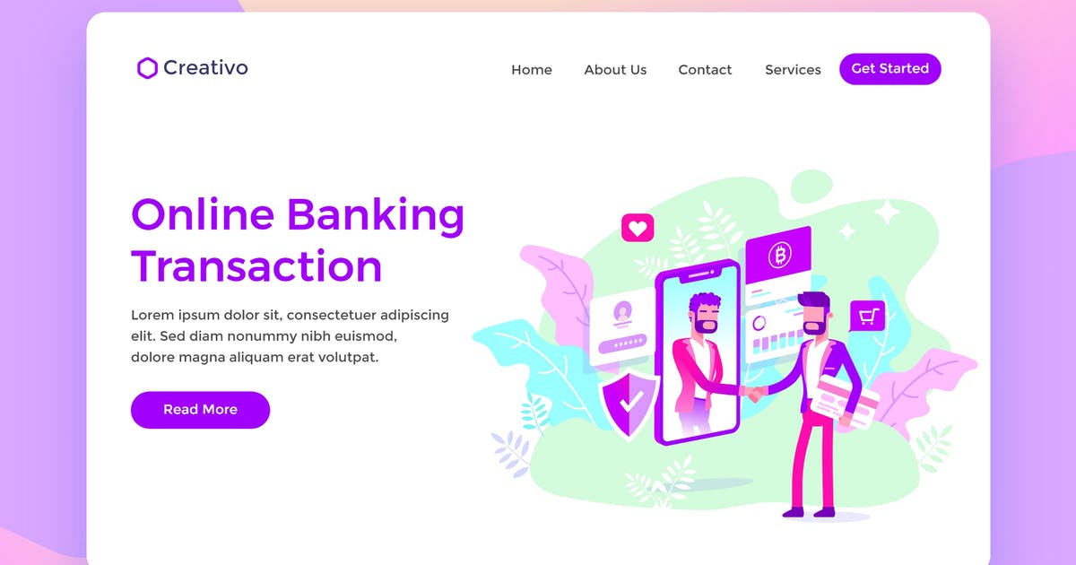 网上银行交易场景插画网站着陆页设计模板 Online Banking Transaction Protection Landing Page插图