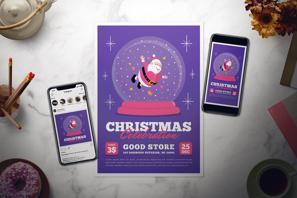 水晶球圣诞节庆祝活动传单设计模板 Christmas Celebration Flyer Set插图(1)