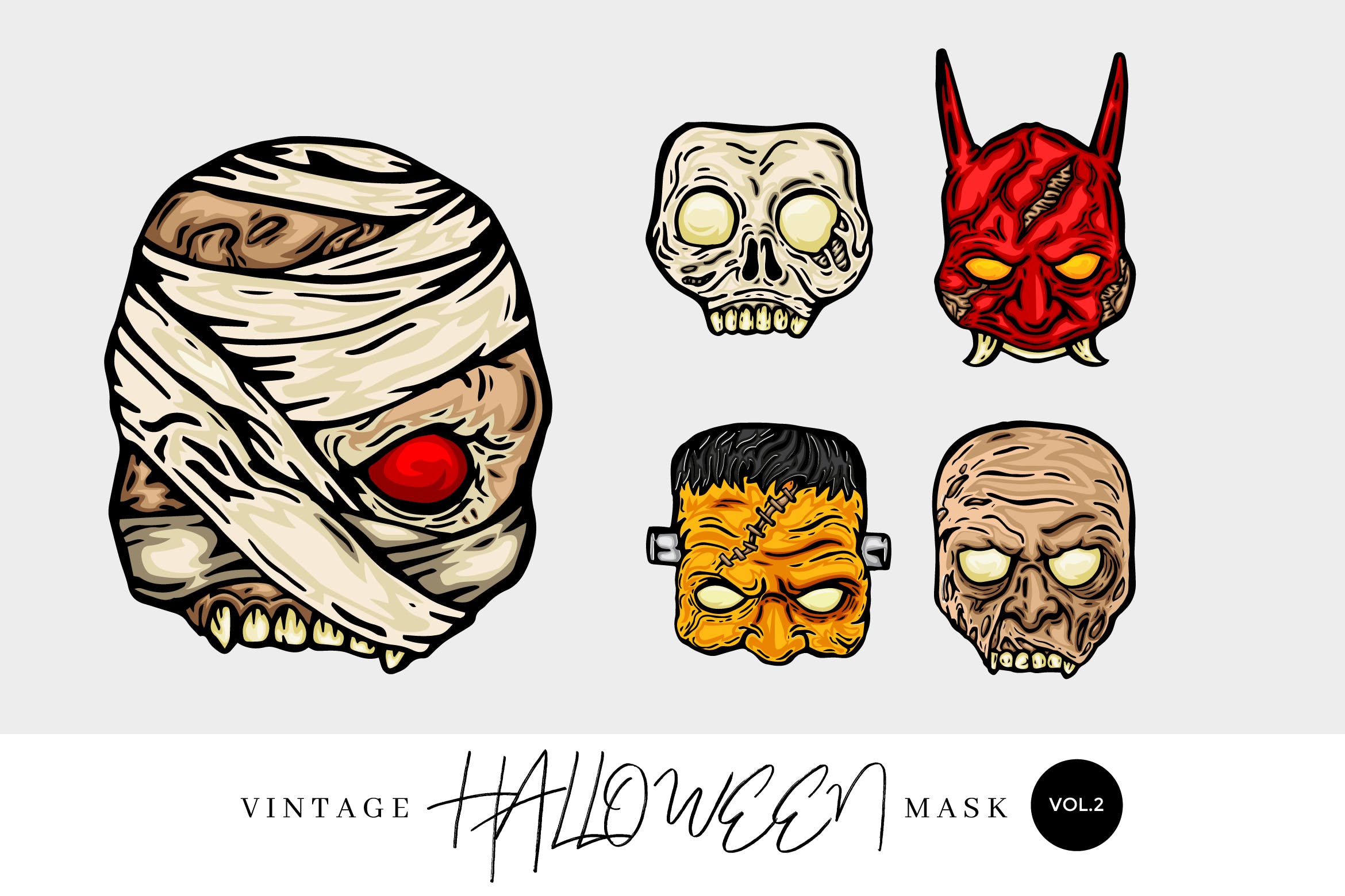 5个万圣节复古设计风格手绘面具矢量图形素材v1 5 Vintage Hand Drawing Halloween Mask Vector 1插图