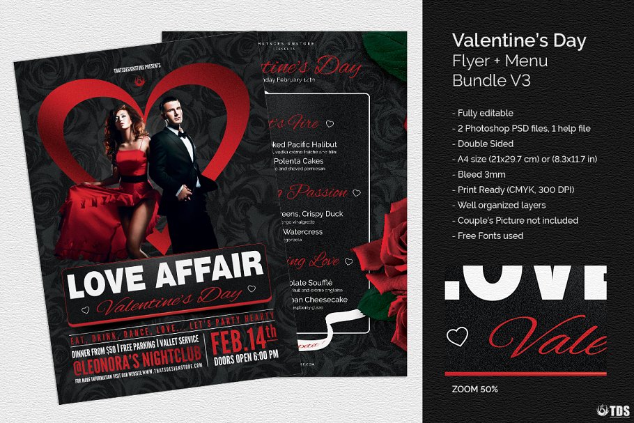 情人节主题传单模板v3 Valentines Day Flyer+Menu PSD V3插图(1)
