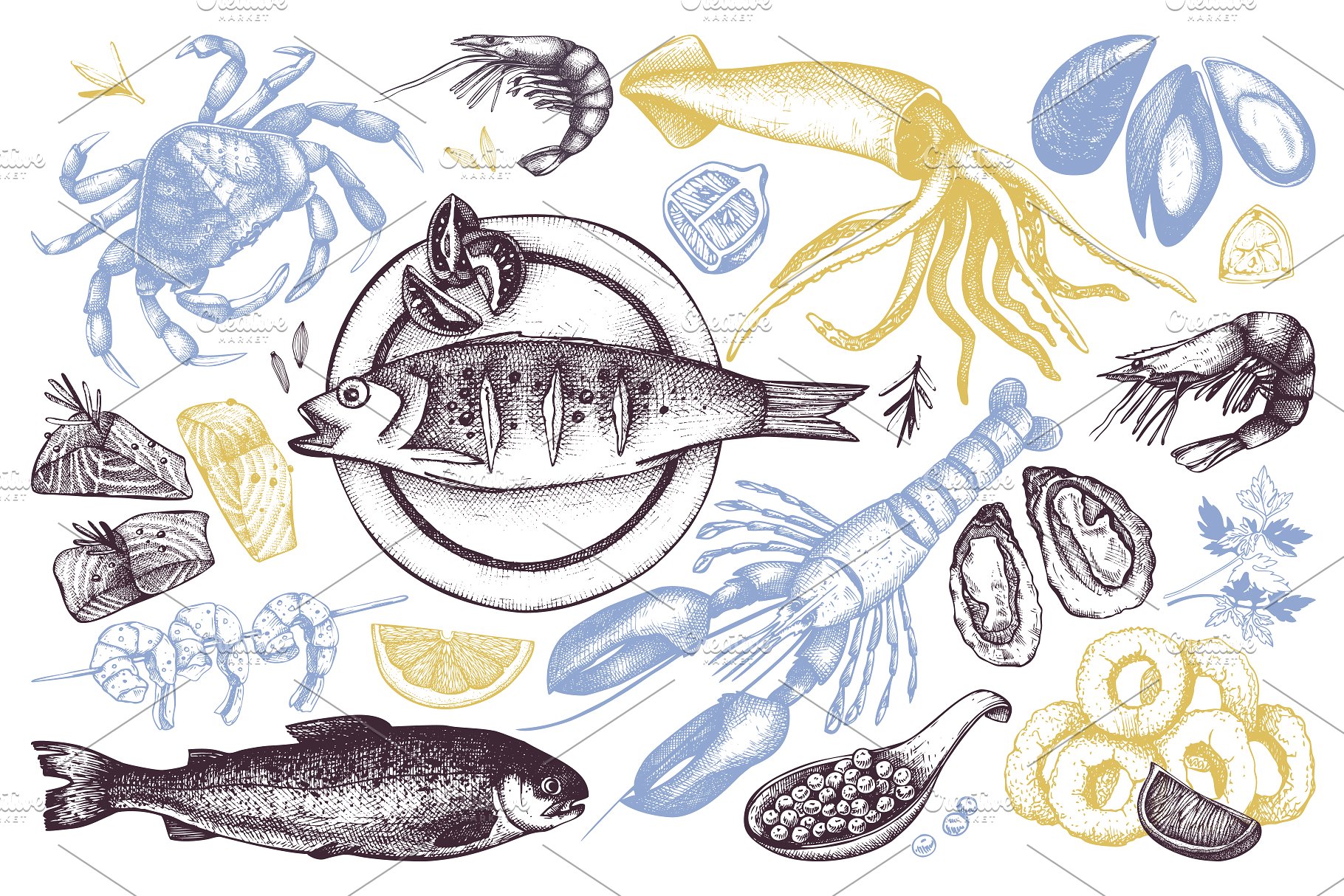 传统海鲜插图和菜单矢量设计 Vector Seafood Menu Design插图(1)