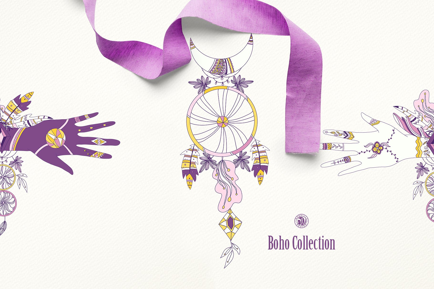 紫色波西米亚风系列水彩插画 Purple Boho Collection插图(4)