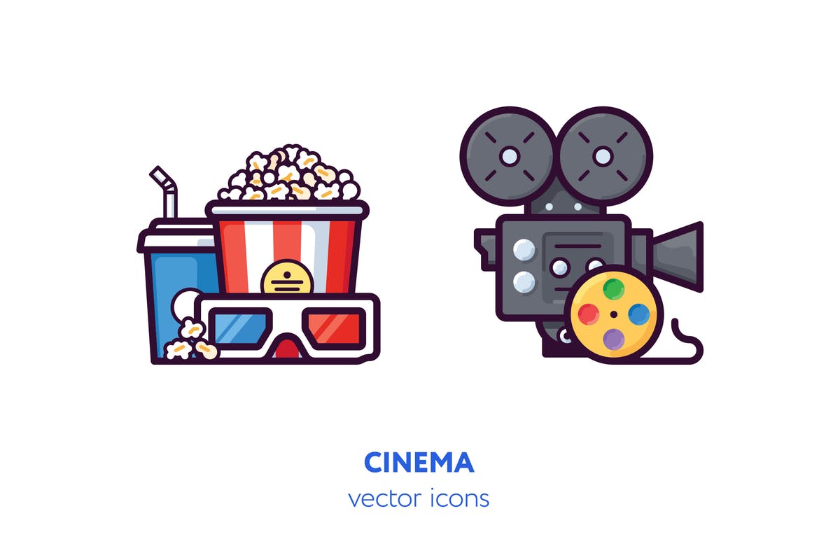 录像机主题手绘矢量图标 Cinema icons[AI, EPS, SVG]插图