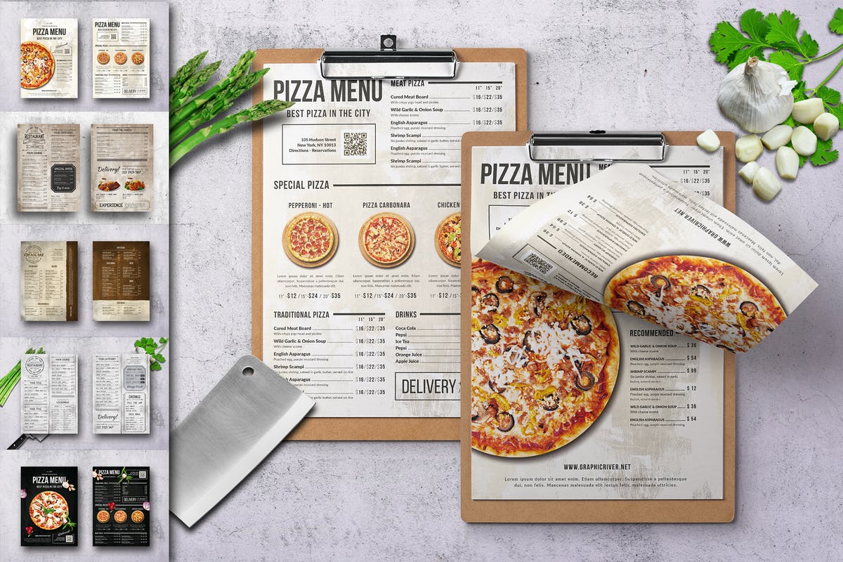 经典设计分隔单页披萨店/餐厅菜单模板 Single Page A4 & US Letter Menu Bundle插图