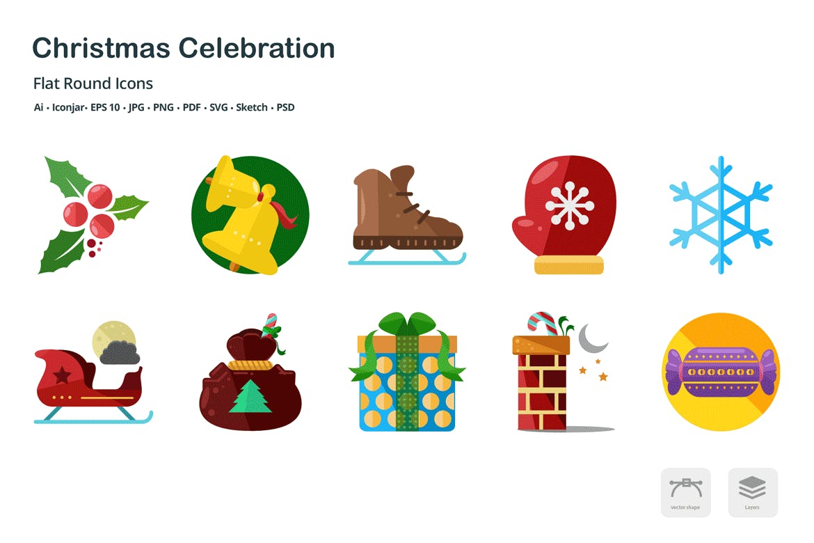 圣诞节庆祝主题扁平设计风格彩色图标 Christmas Celebration Flat Colored Icons插图(1)