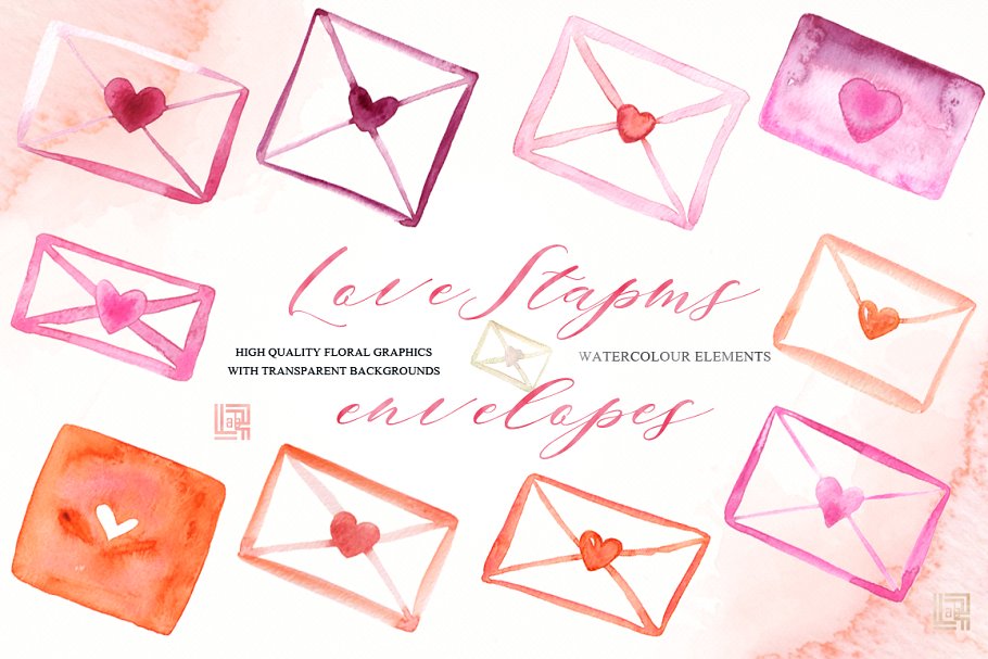 浪漫而温柔的爱情心形元素印章插画 Love stamps envelopes hearts clipart插图(2)