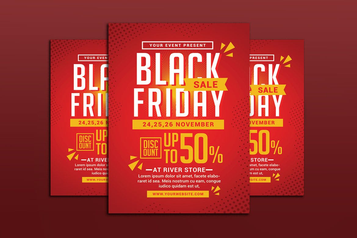 大红色背景黒五购物节促销广告海报模板 Black Friday Sale Flyer插图(1)