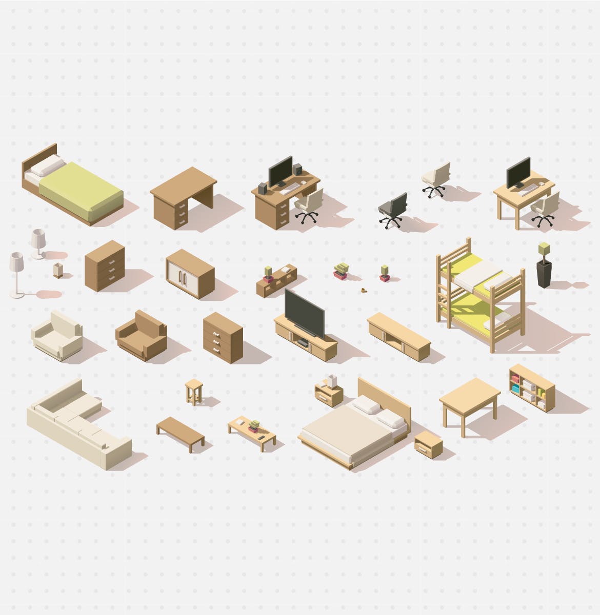 64个扁平设计风格家具等距场景插画素材 Furniture Isometric Flat Set插图(1)