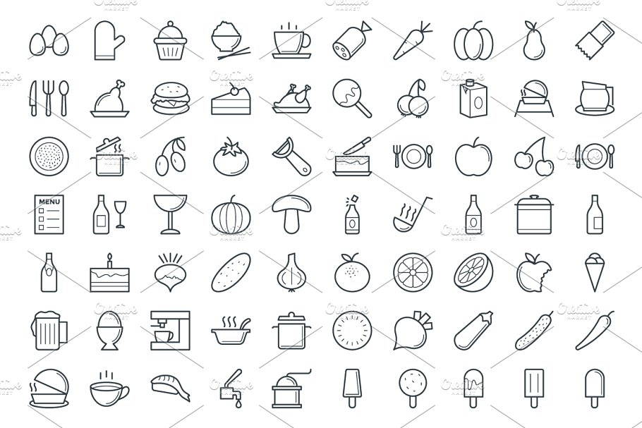 300+极简黑色线条快餐食物图标 300+ Food Vector Icons插图(2)