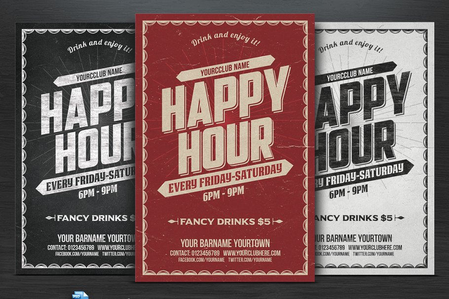欢乐时光三色派对传单模板 Happy Hour Flyer插图