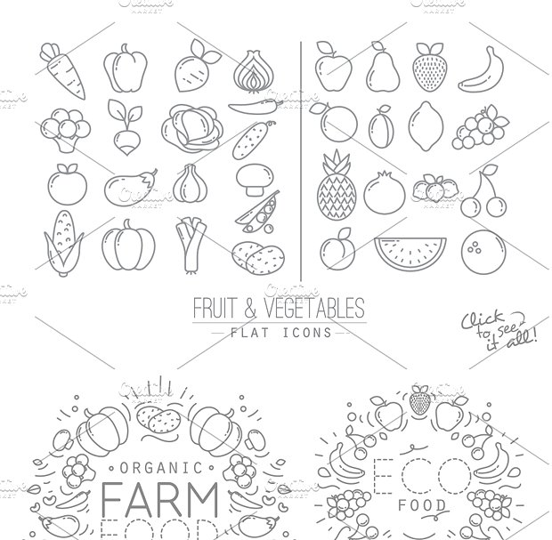 扁平化水果蔬菜食物元素插图 Flat Fruits & Vegetables Icons插图(1)