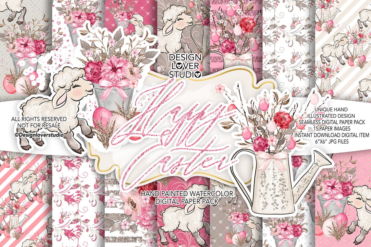 粉红系复活节礼品包装纸张图案纹理套装 Happy Easter Lamb digital paper pack插图