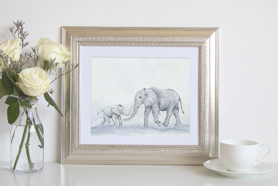 手绘灰白色大象插图 Watercolor Herd of Elephants插图(8)