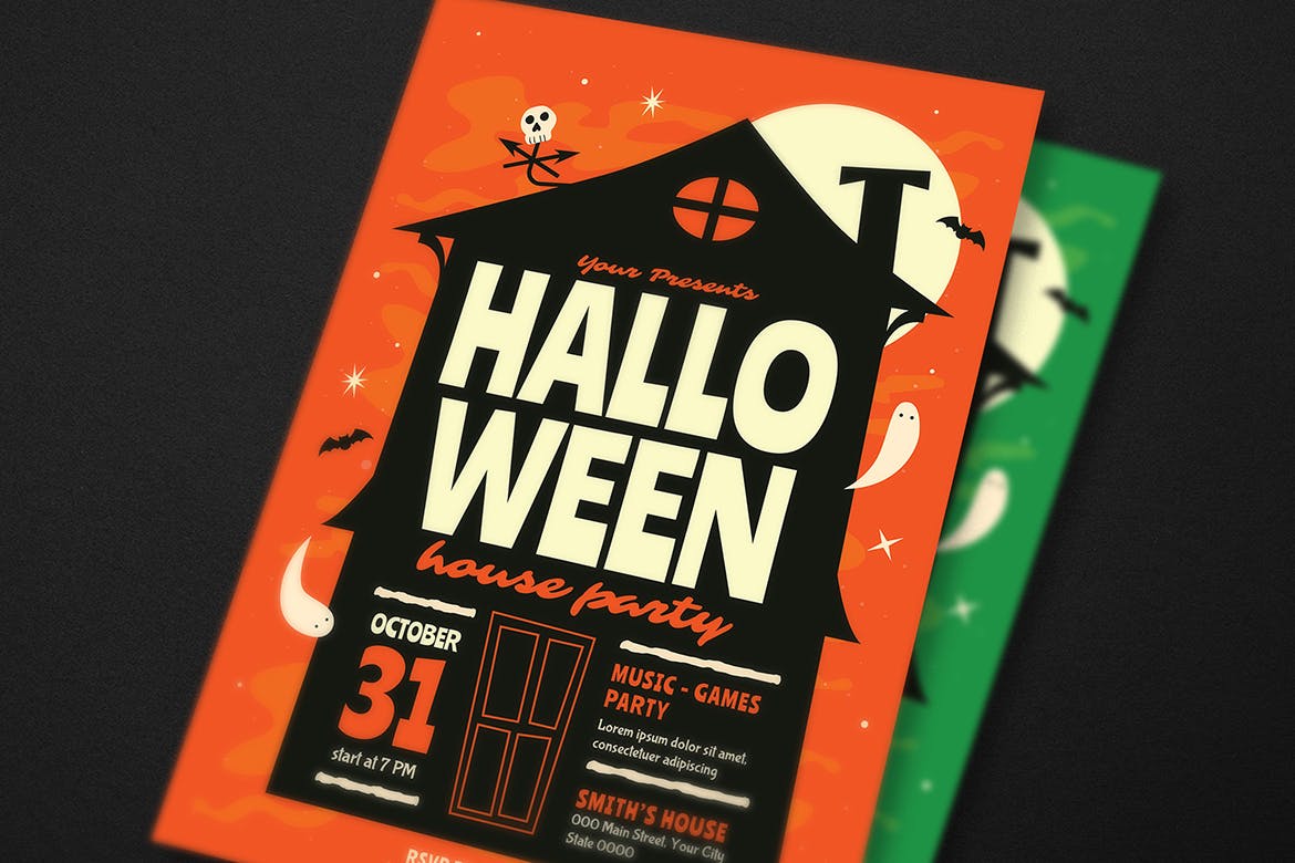 万圣节鬼屋派对活动海报设计模板 Halloween House Party Event Flyer插图(4)