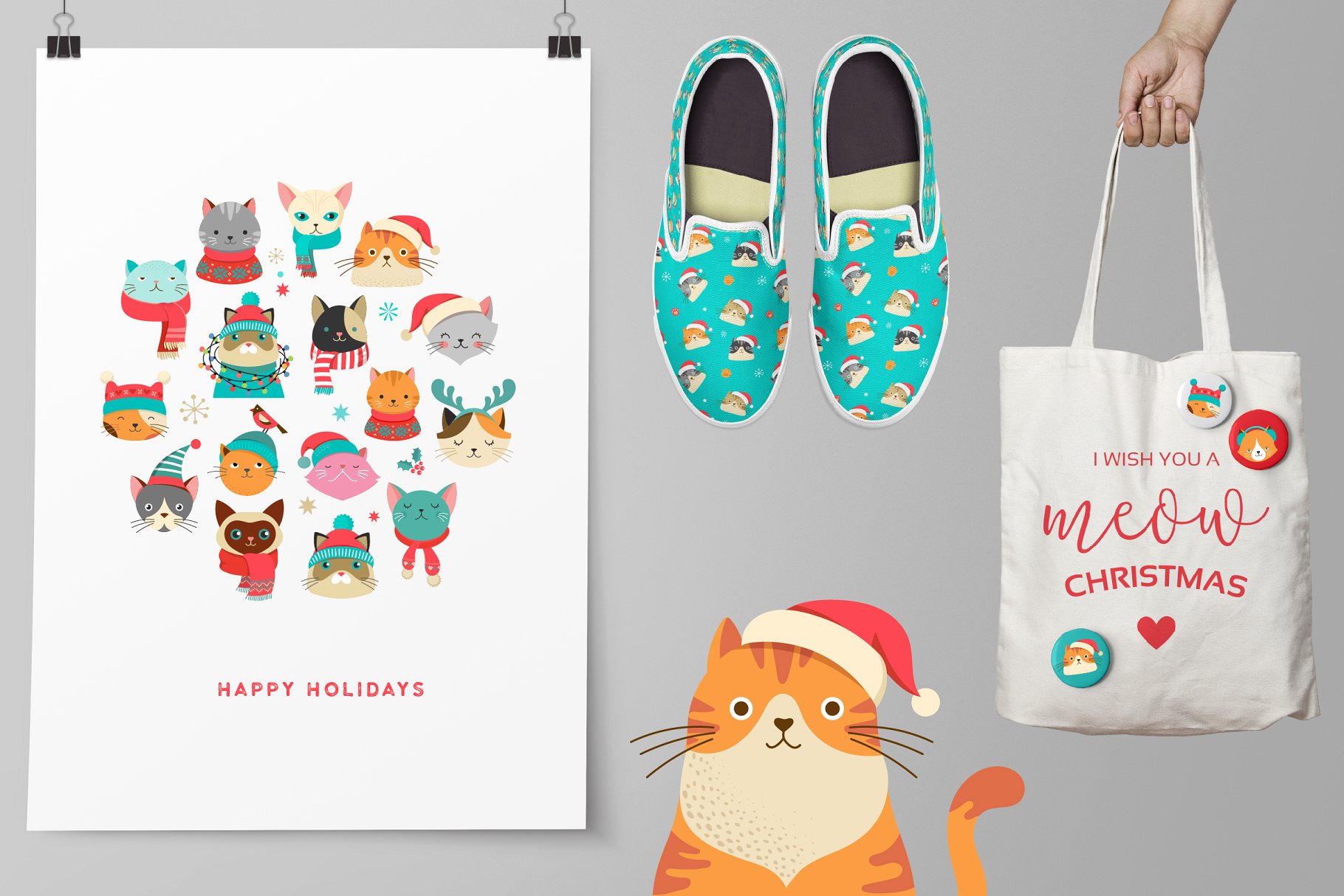 可爱的卡通圣诞猫系列手绘剪贴画 Cute Christmas Cats Bundle插图(3)