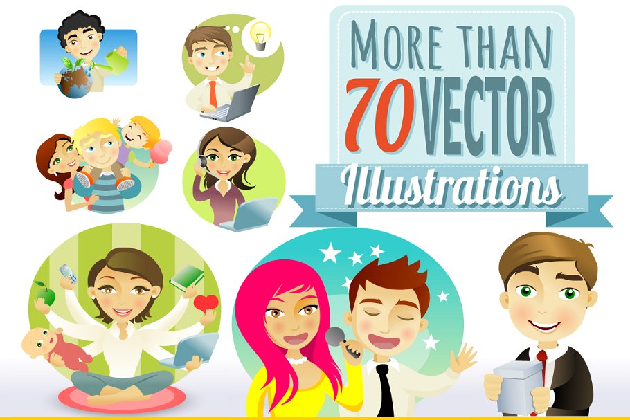 70+手绘卡通人物形象矢量插画集 Vector Illustration Pack插图