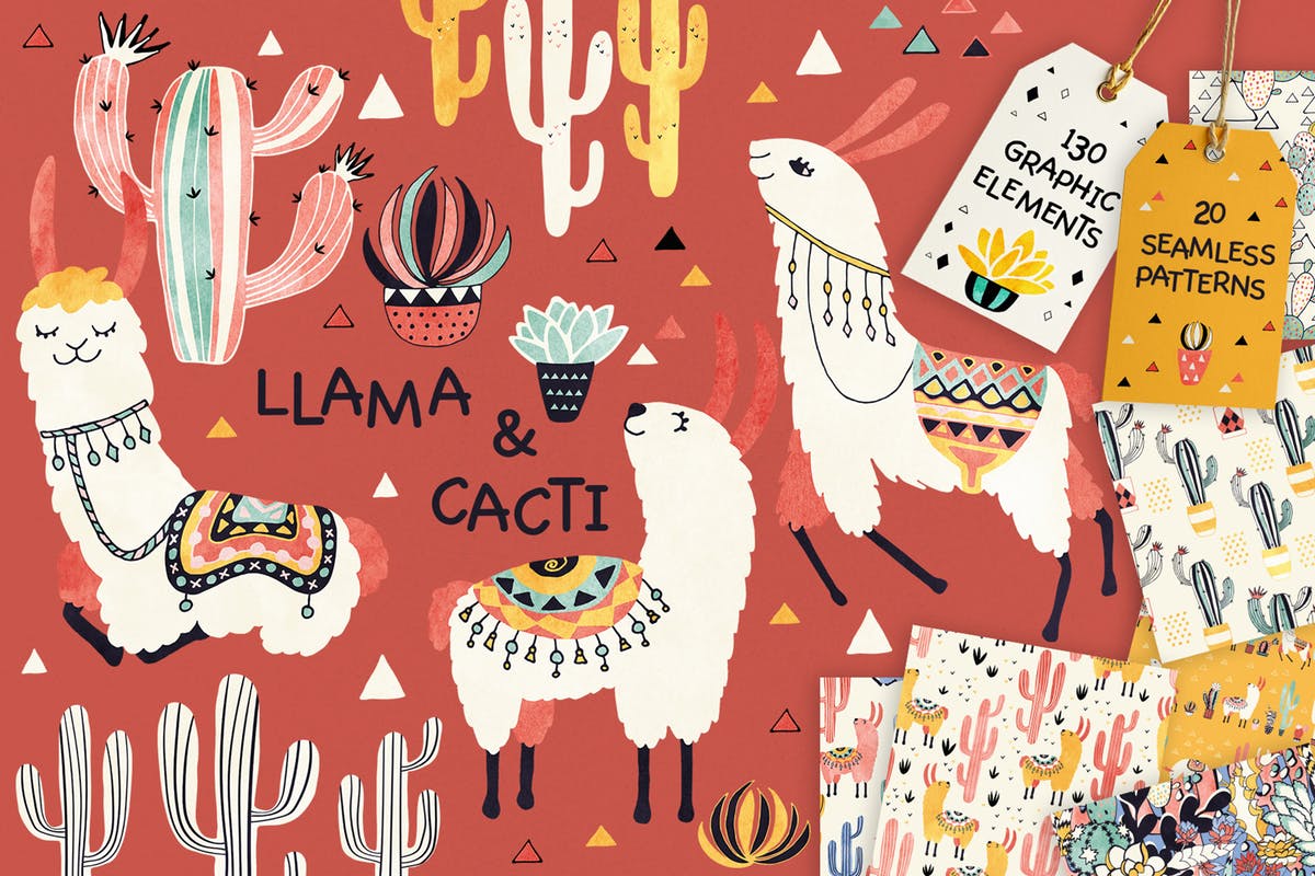 美洲驼和仙人掌水彩剪贴画&纹理 Llamas and Cacti插图