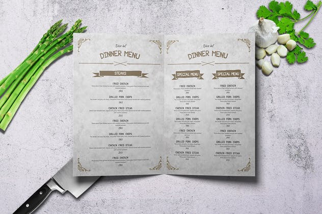 A4规格对折复古风格菜单食谱模板 A4 Bifold Vintage Wild Food Menu插图(3)
