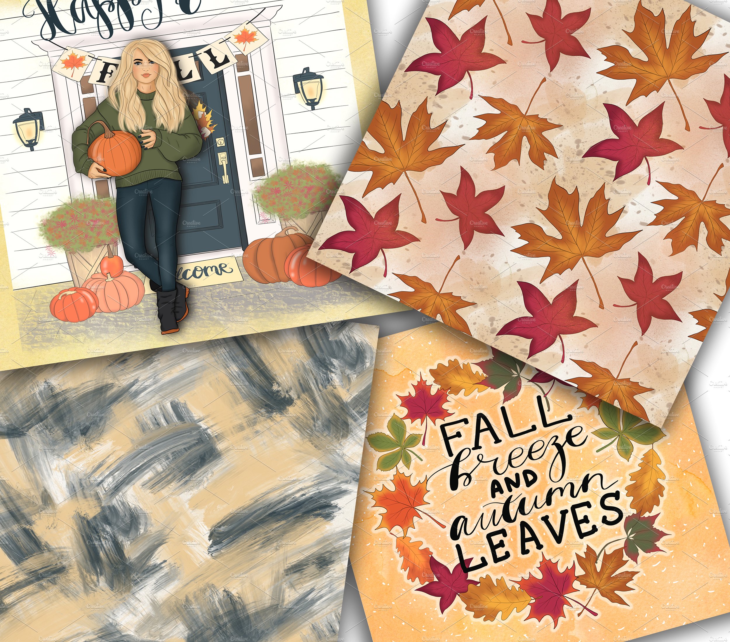 丰收的季节手绘设计插画素材+纹理 Happy Fall Autumn Design Kit插图(4)