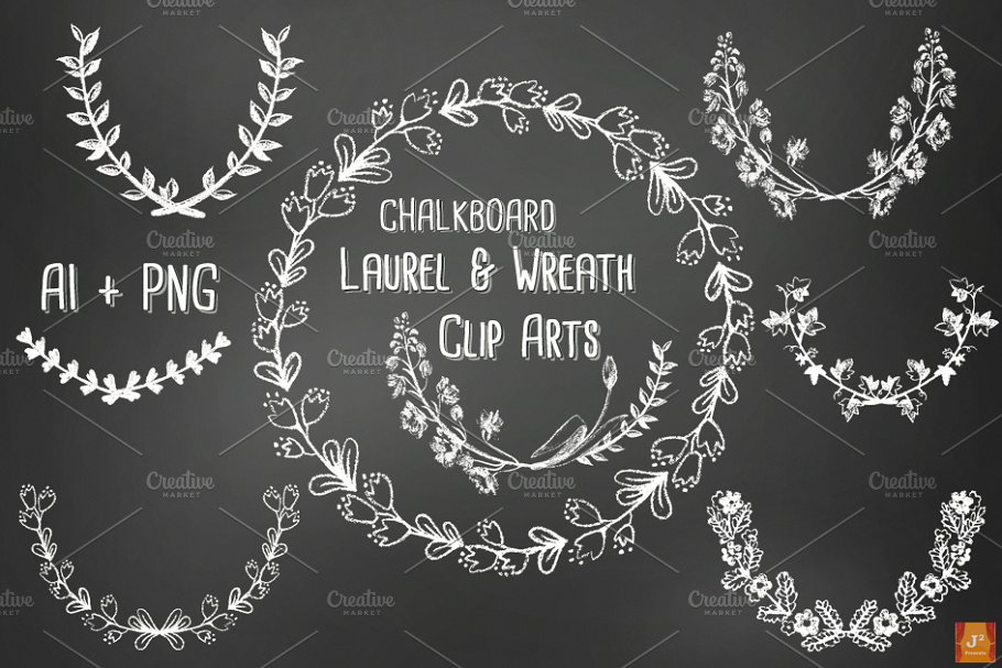 粉笔手绘黑板风格月桂花环剪贴画 Vector PNG Chalkboard style Wreaths插图
