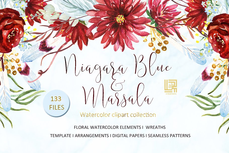 马沙拉白葡萄酒和尼亚加拉蓝水彩花卉剪贴画 Marsala and Niagara blue watercolors插图