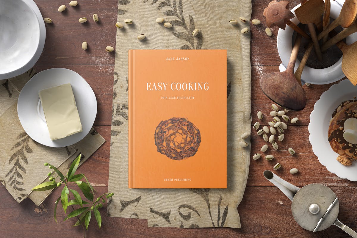 西式食谱厨房场景样机模板 Cook Book Mockup – Kitchen Set插图