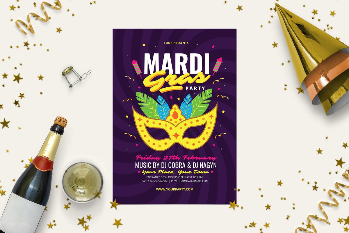 狂欢节之夜活动海报设计模板 Mardi Gras Party插图