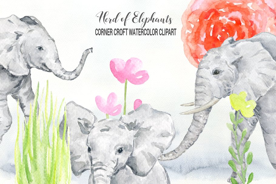 手绘灰白色大象插图 Watercolor Herd of Elephants插图(3)