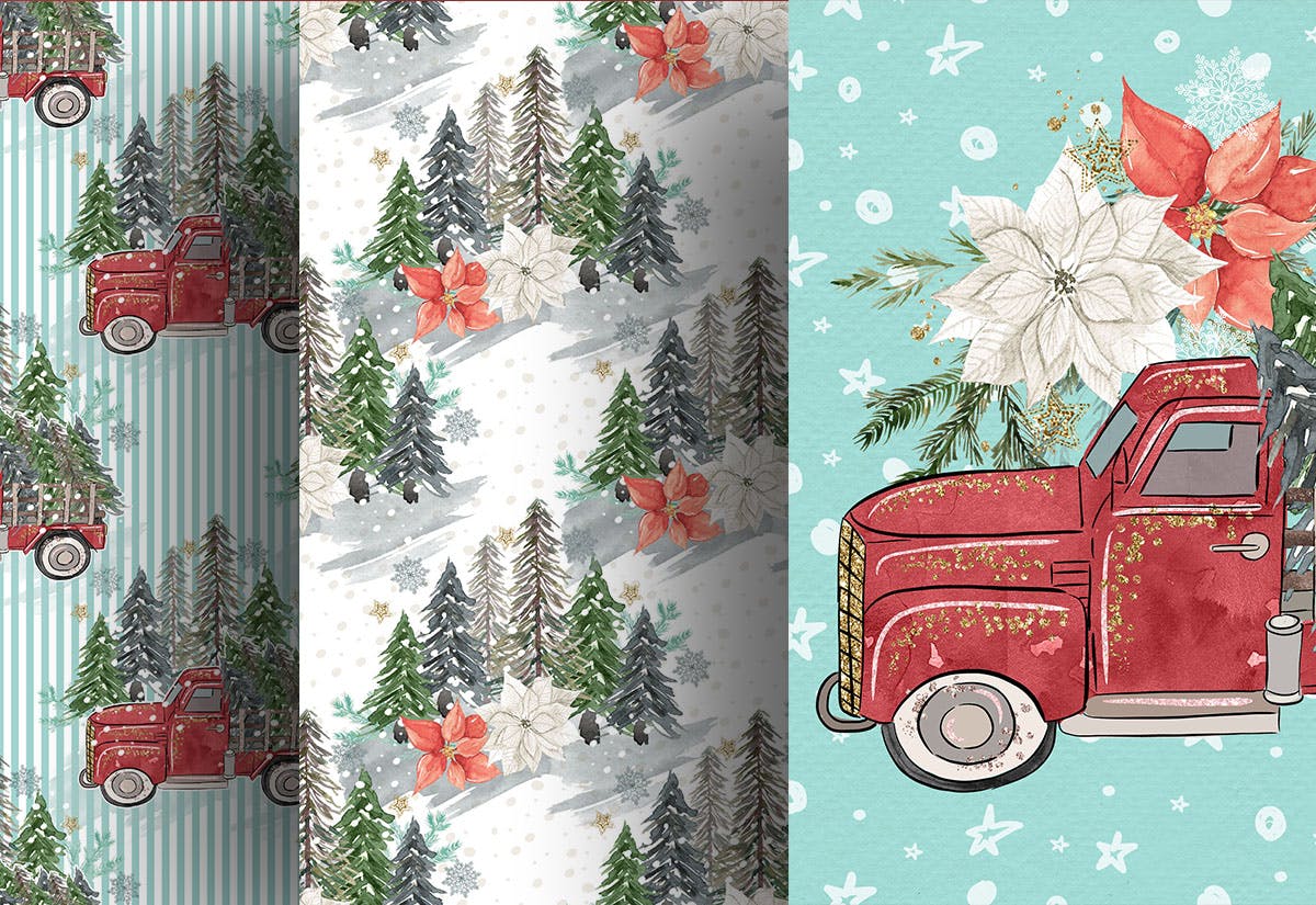 圣诞节礼物卡车数码纸张背景素材 Christmas Car digital paper pack插图(3)