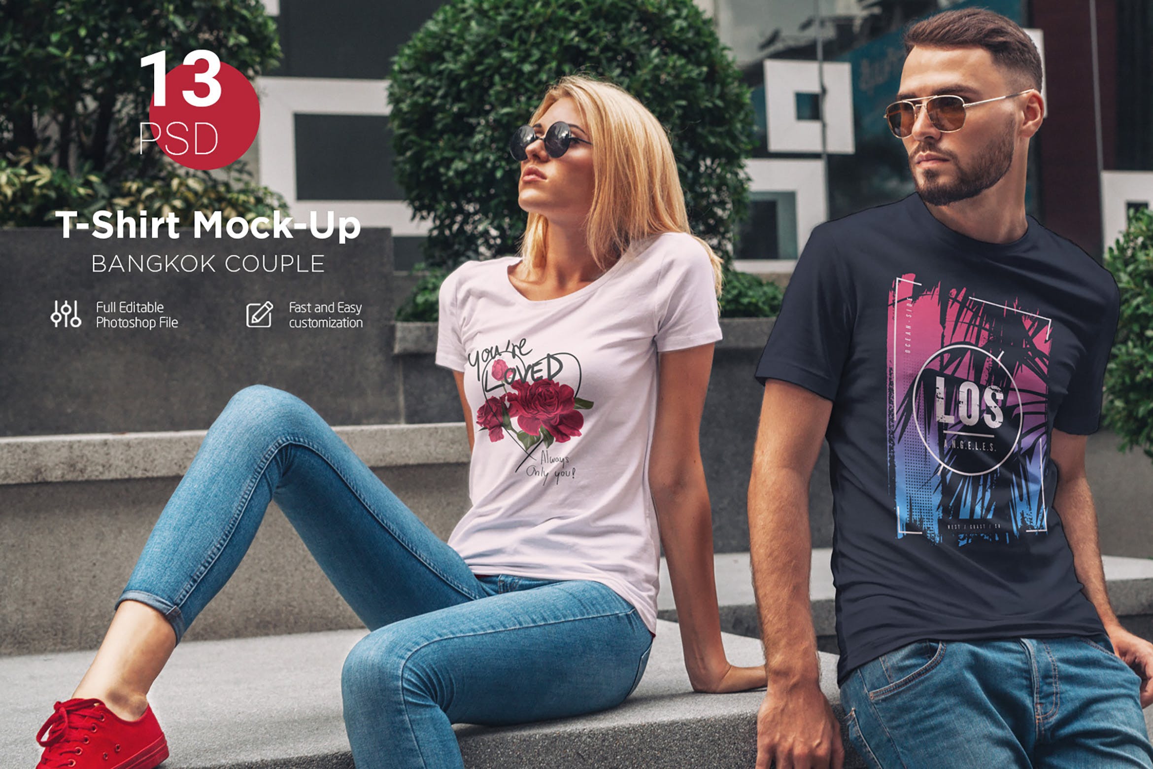T恤情侣套装印花设计效果图样机 T-Shirt Mock-Up Couple In City插图