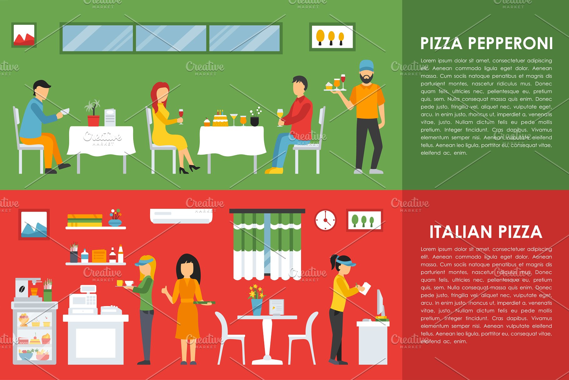 外卖&披萨餐厅内部展示服务概念平面插图 Pizzeria Flat Interiors 9 sets插图(2)