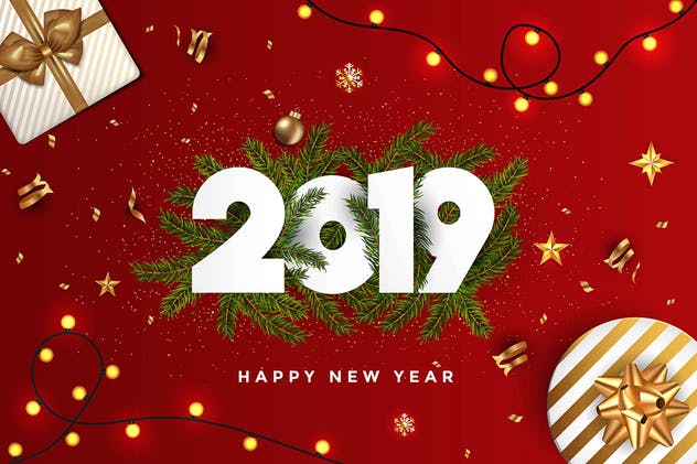 2019年新年猪年大红色贺卡设计模板 Happy New Year 2019 Greeting Cards插图(4)