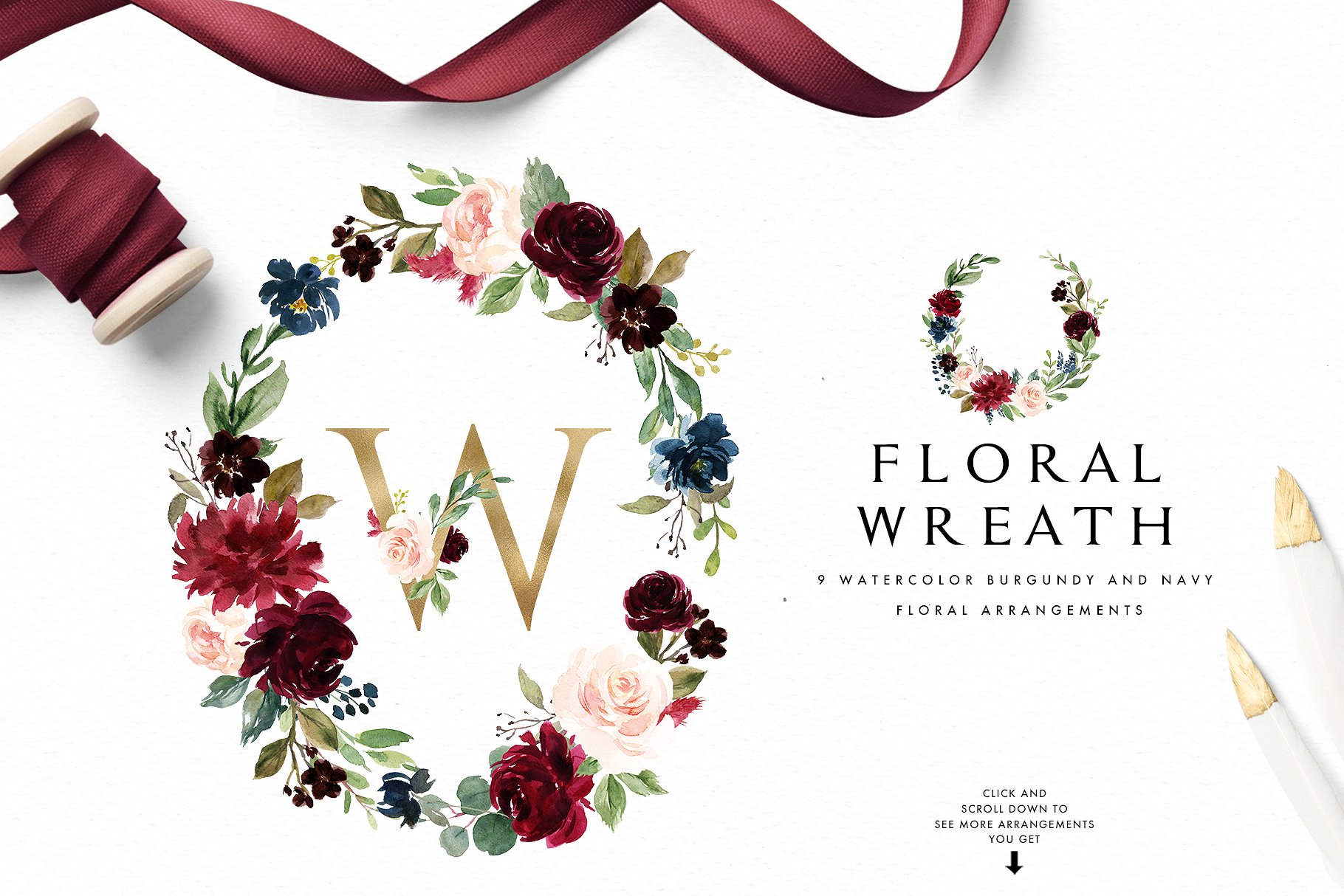 极力推荐：水彩花卉素材 Burgundy&Navy Floral Graphic Set [1.63GB]插图(6)