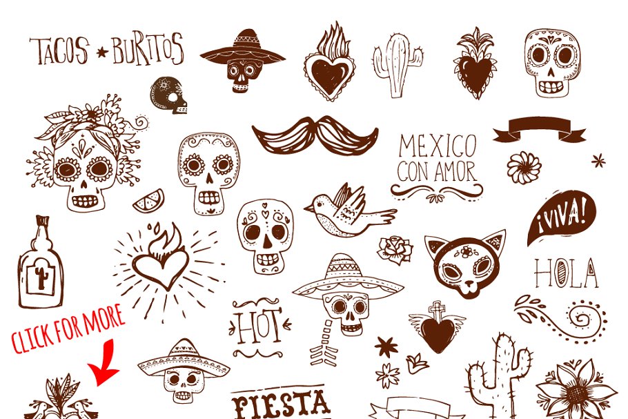 墨西哥手绘涂鸦设计素材套装 Mexican Hand Drawn Doodles Set插图(1)