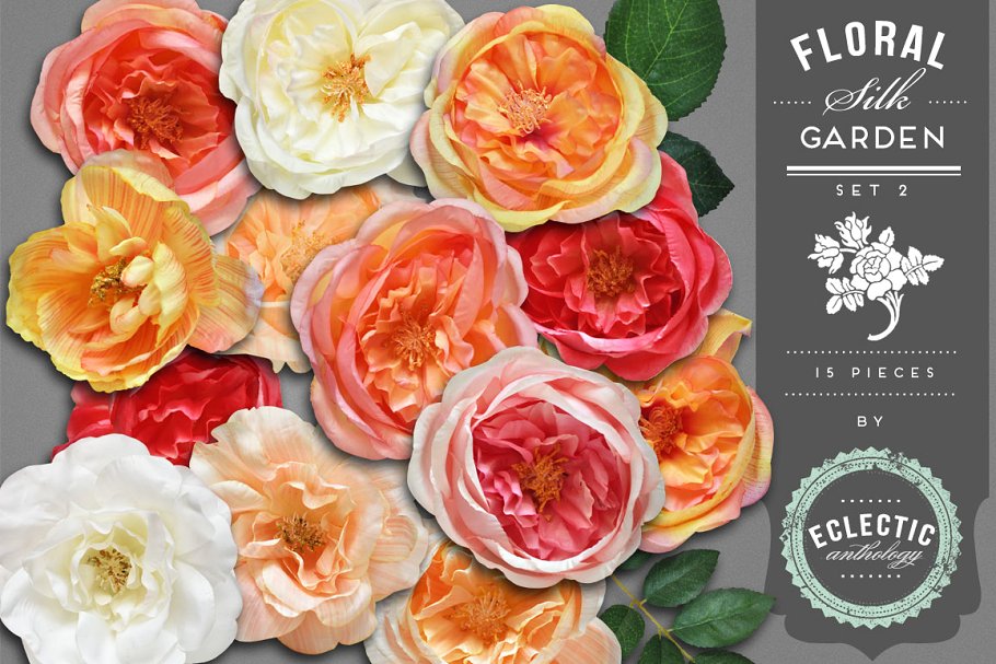 农舍花园绢花剪贴画 Cottage Garden Silk Flowers Graphics插图(1)