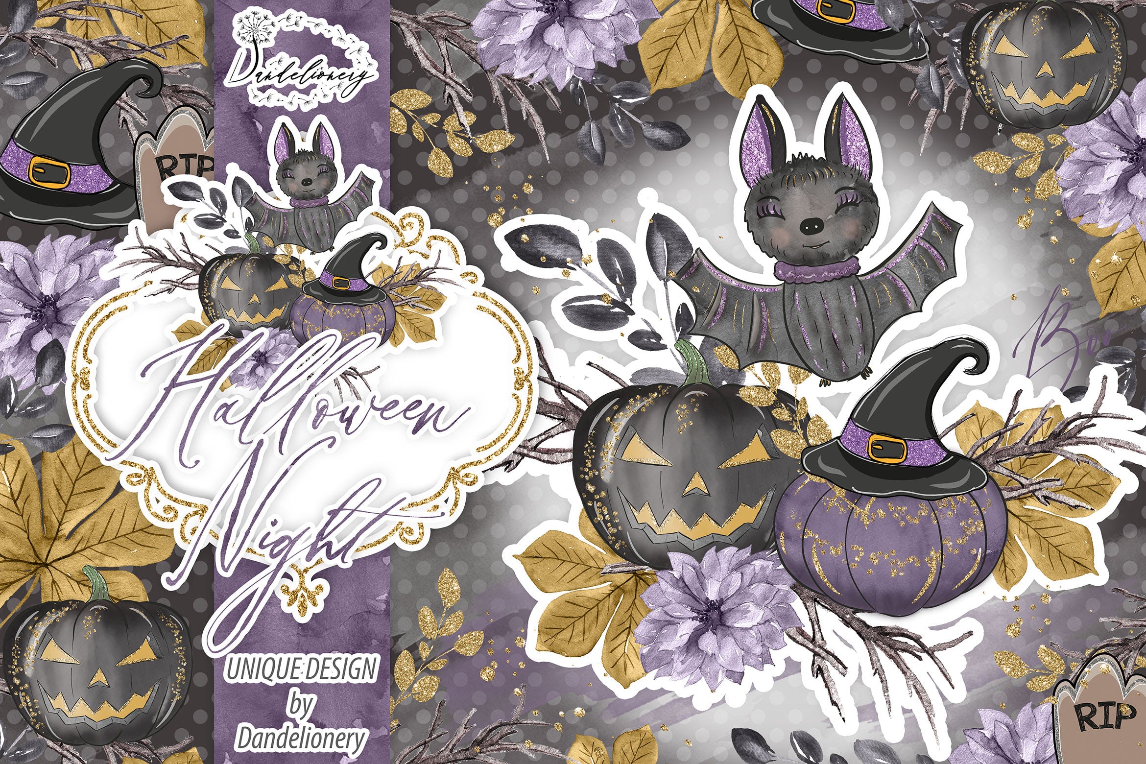 万圣节之夜节日主题水彩手绘剪贴画PNG素材 Halloween Night design插图