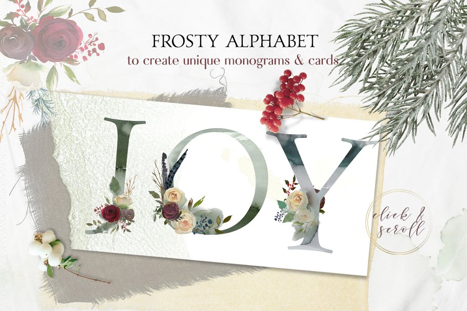 冬季花卉花饰相关设计工具包（剪贴画、纹理&装饰字母） Winter Solemnity Floral Design Kit插图(1)