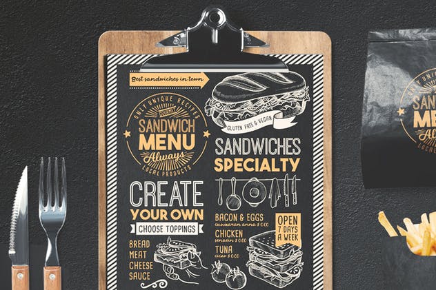 黑板画粉笔画设计风格三明治菜单PSD设计模板 Sandwich Food Menu插图(1)