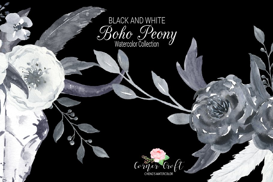 黑白色牡丹花水彩剪贴画 Boho Peonies Black and White插图(7)