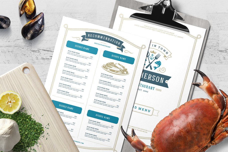 海鲜餐厅菜单模板&店招模板 Seafood Menu Template and Logo插图