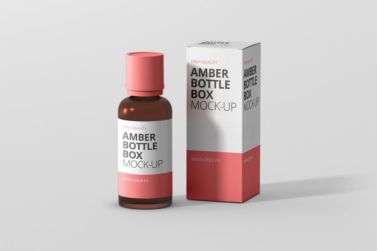 琥珀色药物瓶子&盒子设计样机 Amber Bottle Box Mockup插图