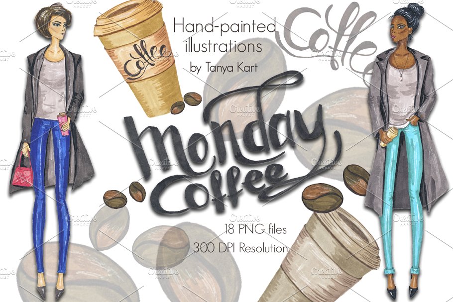 星期一咖啡元素手绘剪贴画 Monday Coffee Hand-painted Clipart插图