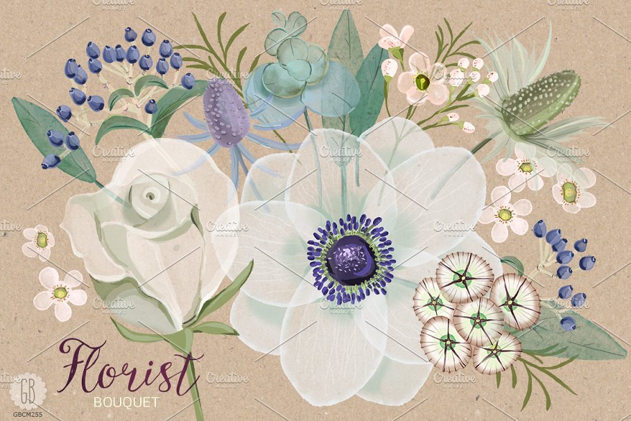 淡雅水彩海葵花束插画艺术素材 Watercolor florist bouquet anemone插图(1)
