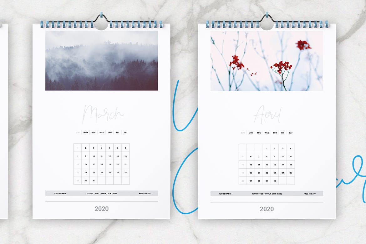 2020年风景照片挂墙活页日历设计模板 Wall Calendar 2020 Layout插图(2)
