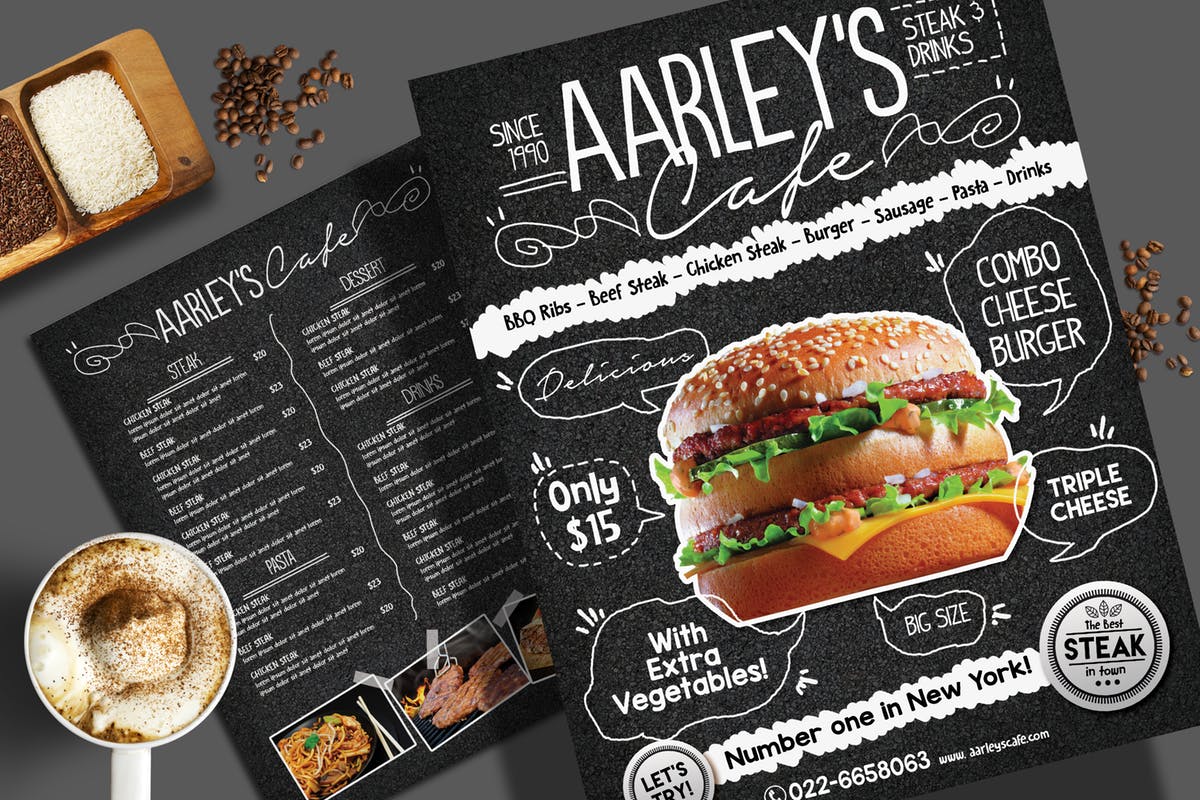 黑板画风格西餐餐厅菜单PSD模板 Asphalt Food Menu Flyer Template插图