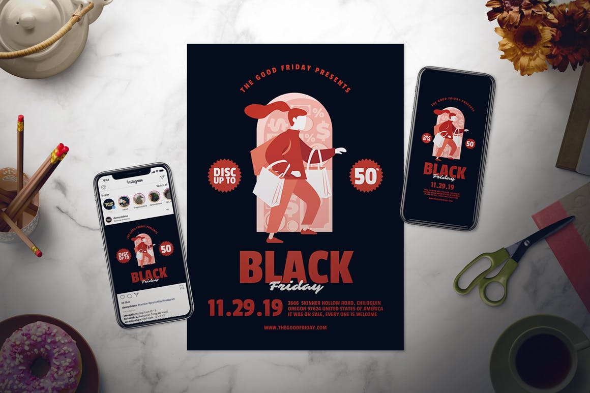 黒五购物狂欢节打折广告海报传单设计模板 Black Friday Flyer Set插图(1)