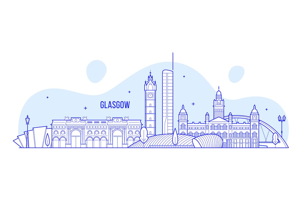 英国苏格兰格拉斯哥城市天际线矢量插画 Glasgow skyline, Scotland, UK[AI, PNG, JPG]插图