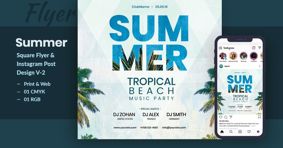 夏季音乐会主题传单海报＆电子海报设计模板 Tropical Sound Flyer & Instagram Post Template V-2插图