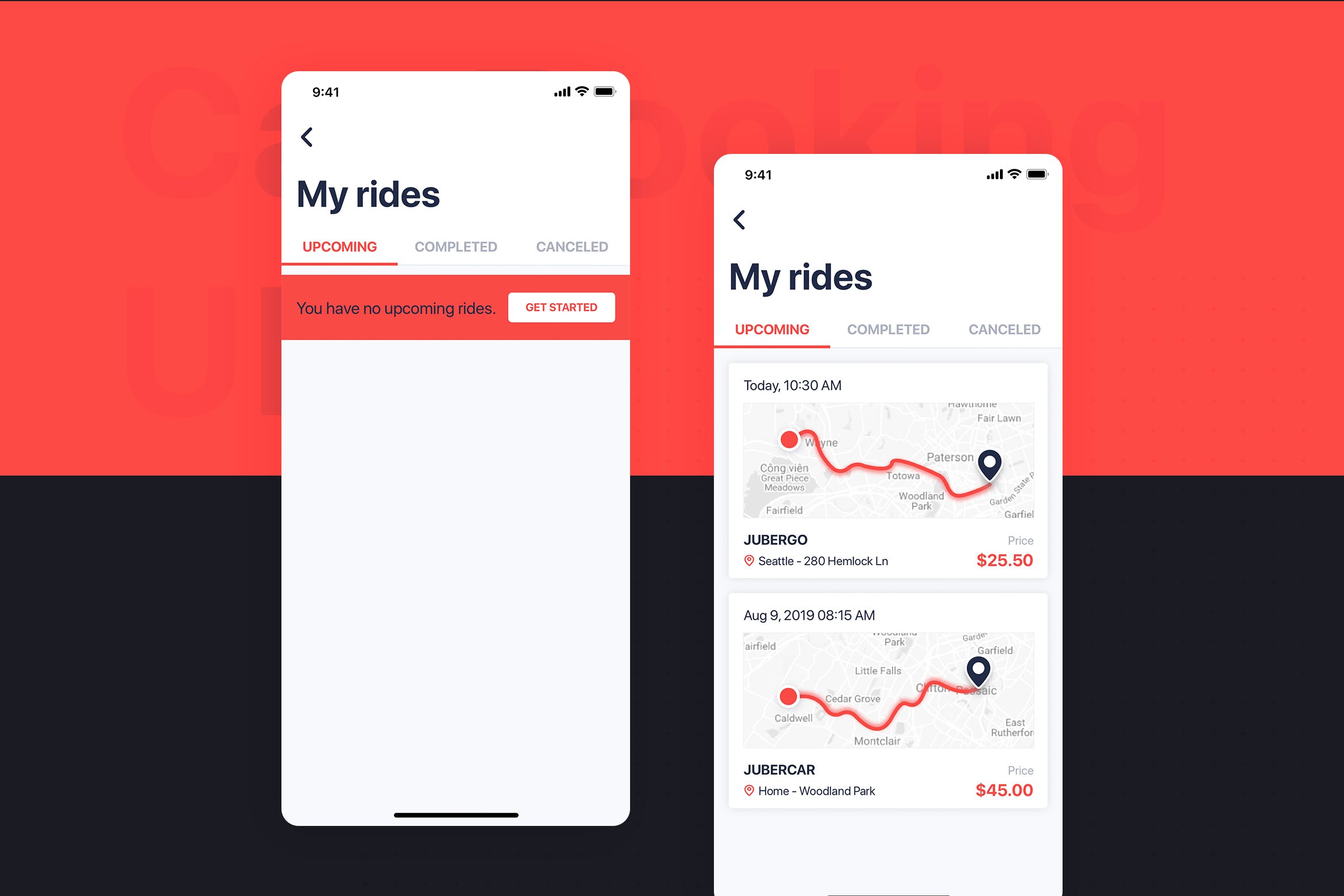 网约车APP应用UI设计之我的行程界面设计模板 Car Booking UI mobile concept – My Rides插图